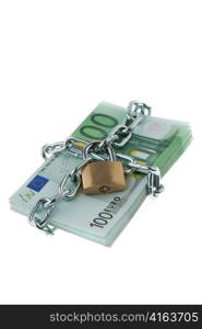 euro bank notes with lock and chain. money stack for safety and investment.