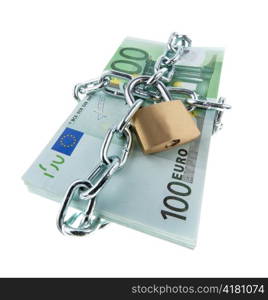 euro bank notes with lock and chain. money stack for safety and investment.