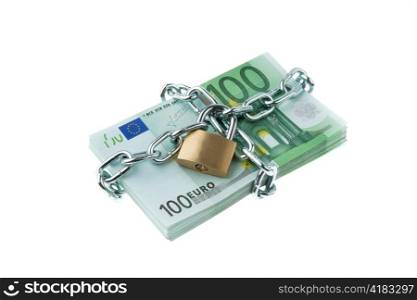 euro bank notes with lock and chain. money stacks for safety and investments.