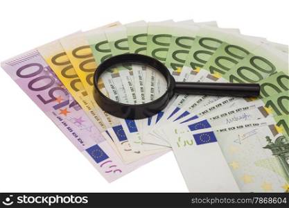 Euro banknote under magnifying glass