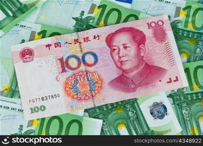euro banknotes of the european union and chinese yuan
