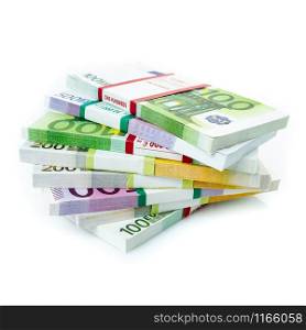 Euro banknotes stacks on a white background.