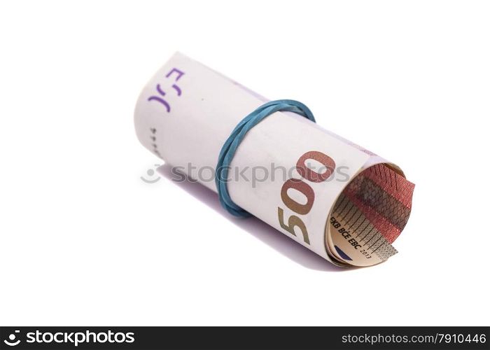 euro banknotes under rubber band isolated