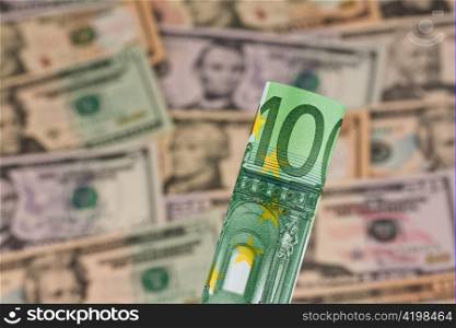 euro-bills. banknotes of the european union. and american dollar