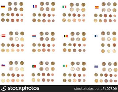Euro coin money. Euro coins including both the international and national side of major countries Germany France Italy Spain Austria Nederlands Belgium Finland Slovakia Portugal Ireland Greece