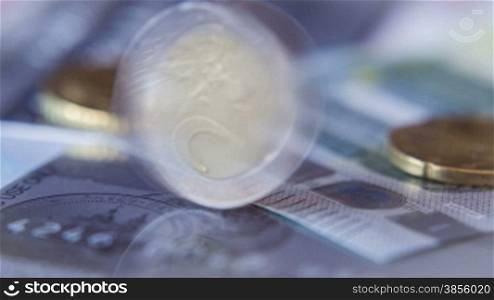 Euro Coins And Banknotes, Shot Motorized Slider.aShot Slider. HD RAW Video
