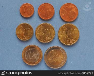 Euro coins, European Union, common side. Euro coin money (EUR), complete series, currency of European Union, common side