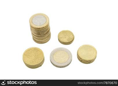 Euro coins on a white background