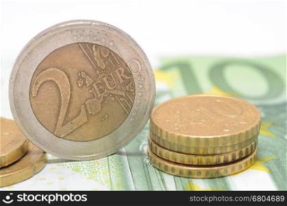 Euro coins placed on the Euro bank note.