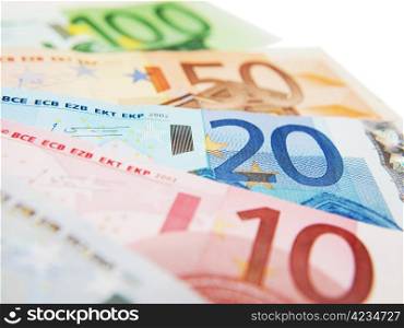 Euro currency bank notes, isolated towards white background