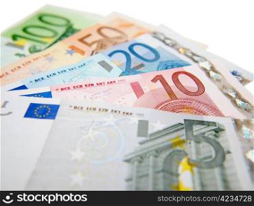 Euro currency bank notes, isolated towards white background