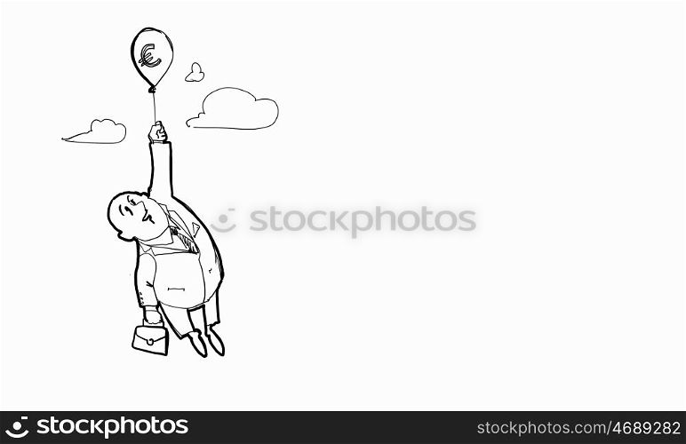 Euro currency. Caricature of businessman flying on balloon with euro sign