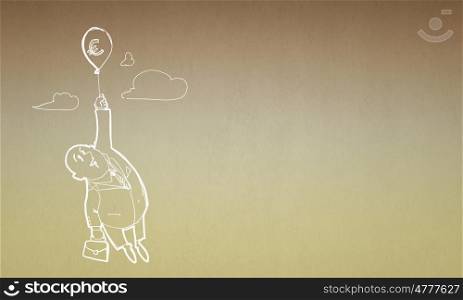Euro currency. Caricature of businessman flying on balloon with euro sign