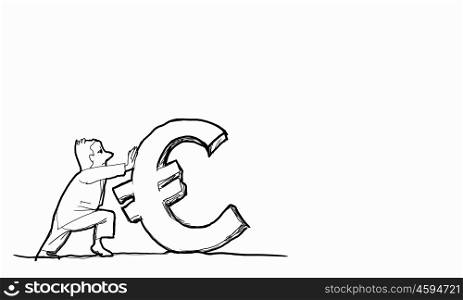 Euro currency. Caricature of funny businessman pulling euro sign