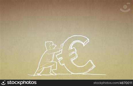 Euro currency. Caricature of funny businessman pulling euro sign