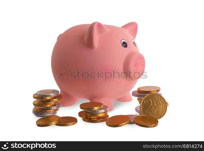Euro currency, chocolate coins with piggy bank, isolated on white