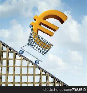 Euro currency decline financial concept as a three dimensional european money icon in a shopping cart going down a roller coaster as an economic symbol for a steep percentage fall in european money.