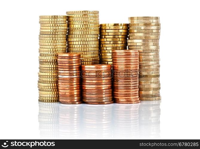 euro currency piled up with one euro, fifty, twenty, ten, five, two and one cent coins, isolated on white background