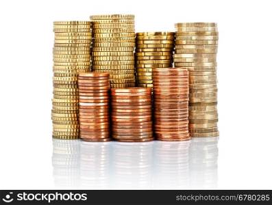 euro currency piled up with one euro, fifty, twenty, ten, five, two and one cent coins, isolated on white background
