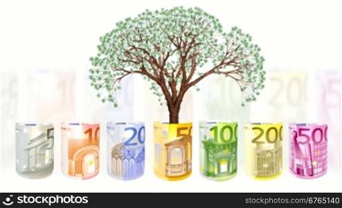 Euro currency spinning and EUR tree growing, financial concept