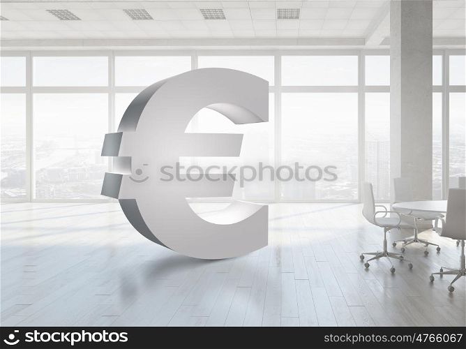 Euro currency symbol. Euro currency symbol in modern office white interior