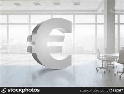 Euro currency symbol. Euro currency symbol in modern office white interior