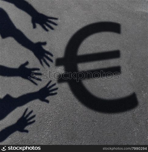 Euro demand as the cast shadow of a group of hands reaching out to grab the European currency symbol as a financial and business concept or money financing issues and economic symbol.