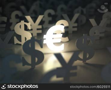 Euro, dollar , pound and yen signs. Currency exchange concept. 3d
