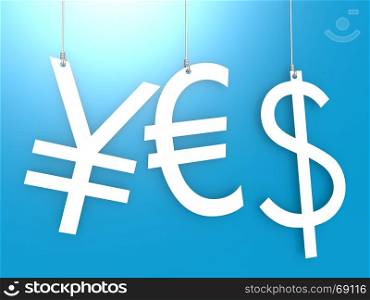 Euro dollar yen sign hang with blue background, 3D rendering