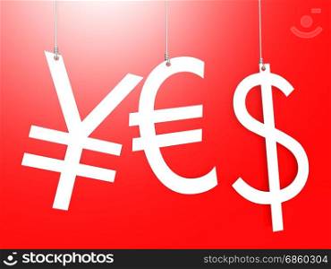 Euro dollar yen sign hang with red background, 3D rendering