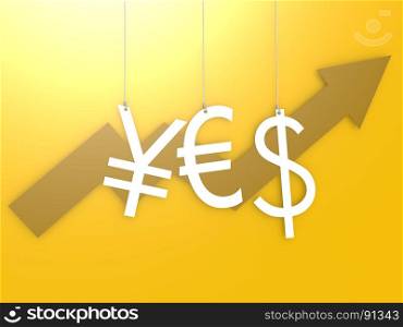 Euro dollar yen sign hang with yellow background, 3D rendering