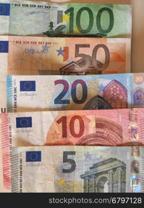 Euro (EUR) notes, European Union (EU). Euro (EUR) banknotes, currency of European Union (EU) - Five, Ten, Twenty, Fifty, One Hundred tender