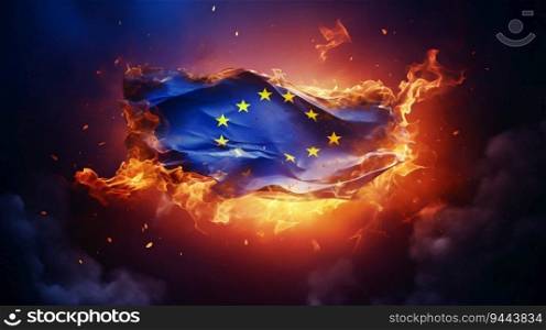 Euro Flag Engulfed in Fire. Generative ai. High quality illustration. Euro Flag Engulfed in Fire. Generative ai