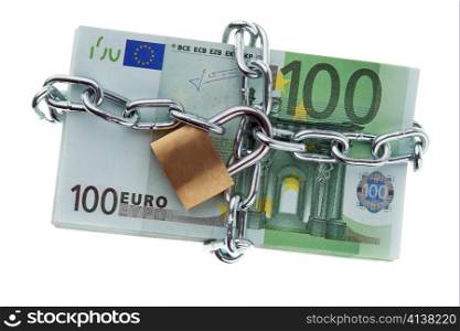 Euro Geldscheine mit Schloss und Kette. Geldstapel fur Sicherheit und Geldanlage.