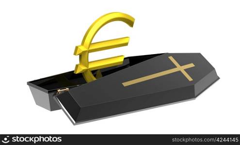 Euro in black coffin, isolated on white, 3d render, crisis in the Eurozone