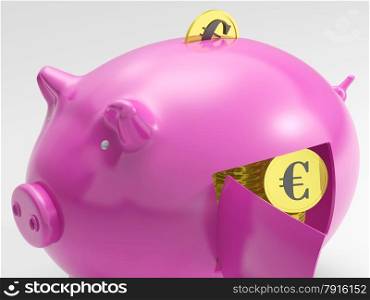 Euro In Piggy Showing Currency And Investment In Europe