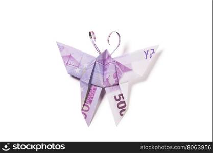 euro in the form of butterflies. Origami butterfly made out of euro bills
