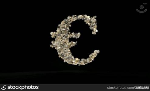 Euro made of coins exploding against black, Alpha