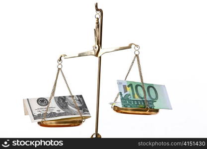 euro money and dollar banknotes on a scale. exchange rate