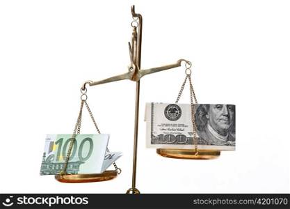 euro money and dollar banknotes on a scale. exchange rate