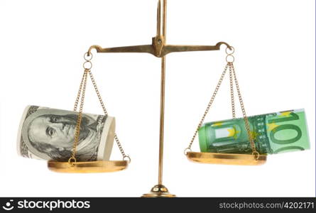 euro money and dollar banknotes on a scale. exchange rate