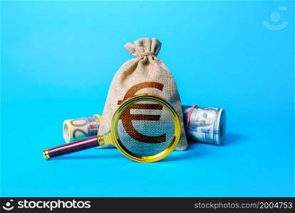 Euro money bag and magnifying glass. Investigating capital origins. Anti money laundering and tax evasion. Find investment funds for business project. Profitable deposit or loan terms and conditions.