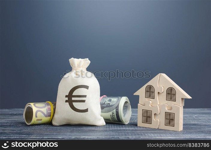 Euro money bag and puzzle house. Housing cooperative membership. State social programs. Mortgage loan on purchase, building maintenance and utility services costs. Taxation. Property valuation