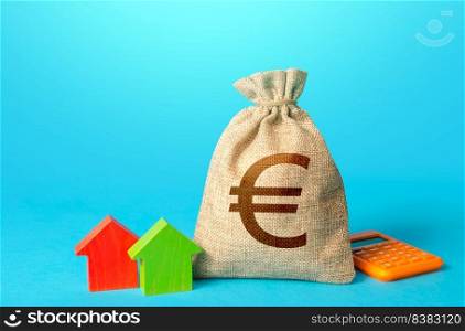 Euro money bag and small houses. Property appraisal, realtor services. Bank offer of mortgage loan. Investments in real estate. Buy. Rental business. Fair market price. Sale of housing.