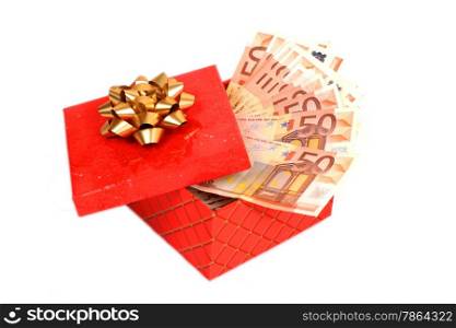 Euro money in gift box isolated over white.