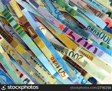 Euro note. Money to burn - banknotes cut with a paper shredder