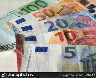 Euro notes, European Union. Euro banknotes money (EUR), currency of European Union, full range including five, ten, twenty, fifty and one hundred euros
