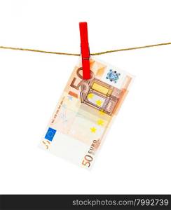 Euro notes on clothesline. Money laundering euros