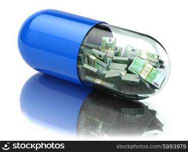Euro packs in the capsule, pill. Healthcare costs or financial aid concept. 3d
