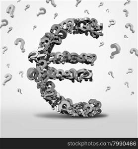 Euro questions and confusion concept as a currency symbol and financial guidance icon as a european money icon made of a group of question marks forecasting uncertainty and crisis risk.